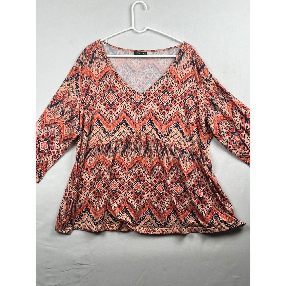 Ofeefan Womens 3XL V-Neck Empire Waist Chevron Print 3/4 Sleeve Top Orange Blue